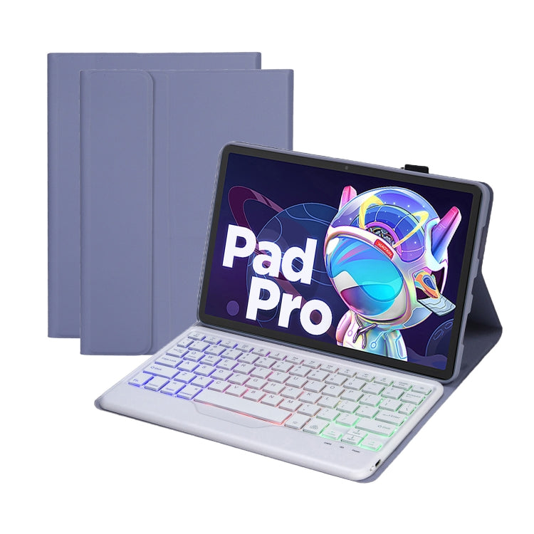 Blue-purple ultra-thin leather tablet case with backlit Bluetooth keyboard, open