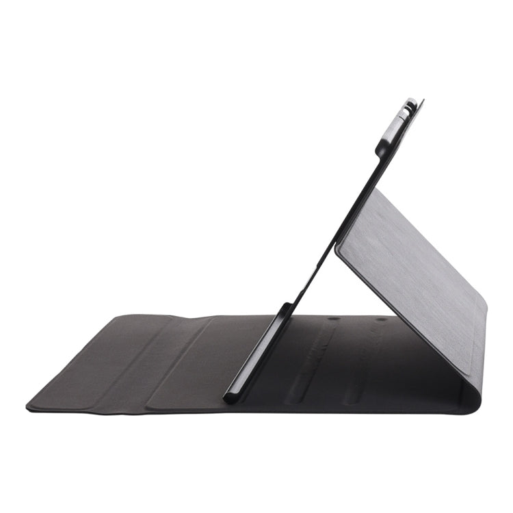 Black leather-style tablet case with stand panels and side support showing hinge