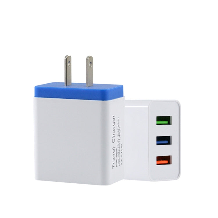 3-USB travel phone charger with US plug; white body, blue top, 3 side USB ports
