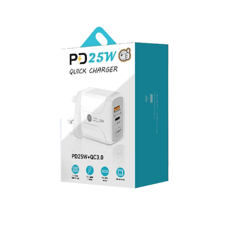 PD25W USB-C / Type-C + QC3.0 USB Dual Ports Fast Charger with USB to Micro USB Data Cable, UK Plug, UK Plug + USB to Micro USB Cable