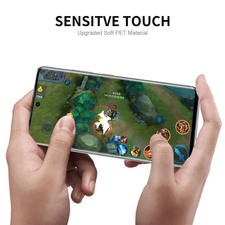 Curved-edge PET screen protector film for smartphone display, shown on a phone