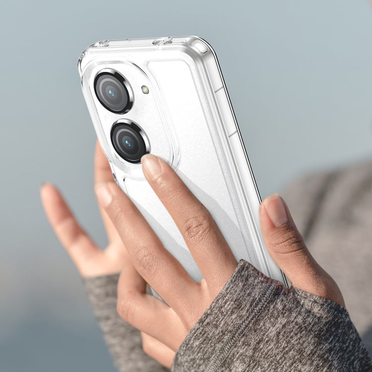 Clear TPU phone case on phone, grippy corner edges visible on hands