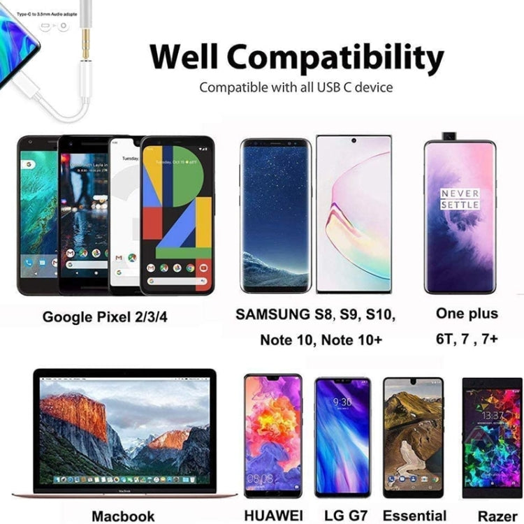 USB-C to 3.5mm adapter shown with multiple compatible phone models
