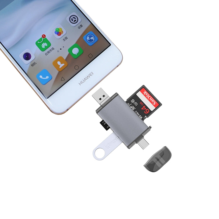 USB-C and Micro USB OTG card reader adapter with SD and microSD slots