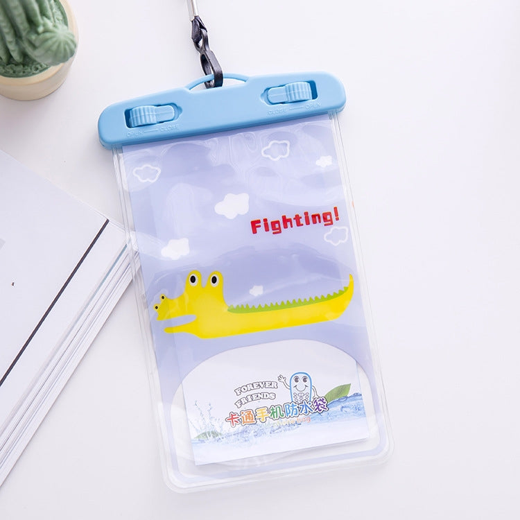 Light blue transparent waterproof phone bag with cartoon yellow crocodile graphic and lanyard strap
