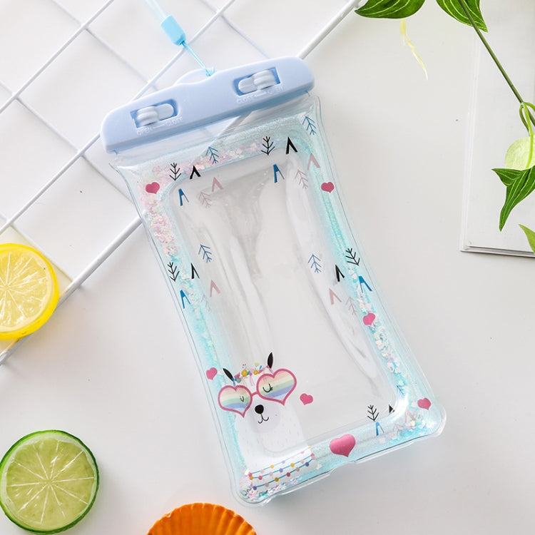 Transparent waterproof inflatable phone bag with light blue top, panda and hearts cartoon print