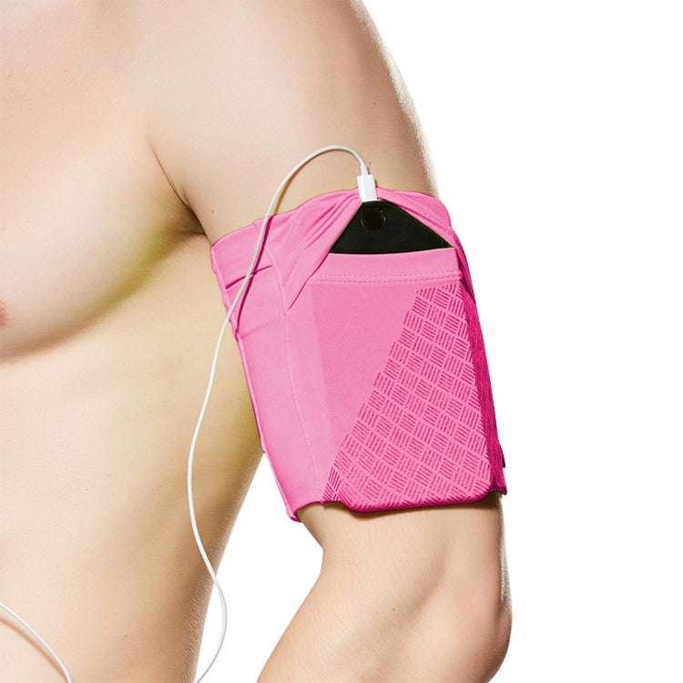 Rose red reflective arm phone bag with geometric panel, worn on forearm