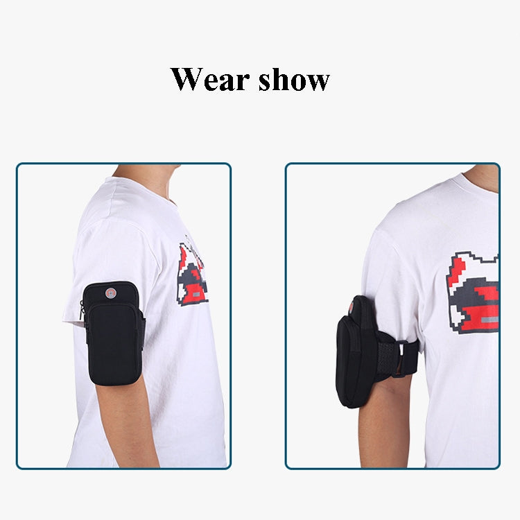Black armband phone bag worn on upper arm