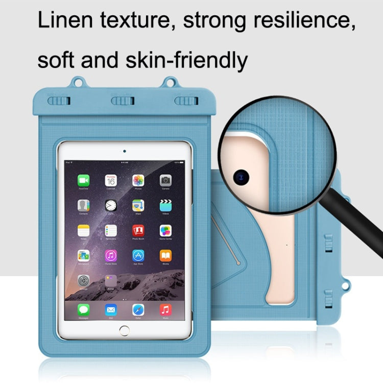 Light blue waterproof tablet bag with clear window and close-up textured material