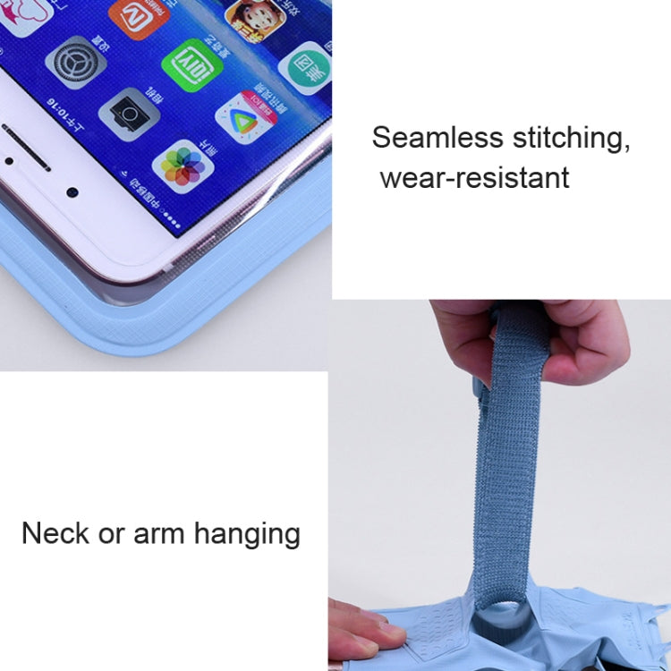 Light blue waterproof phone pouch with neck or arm hanging strap and clear window