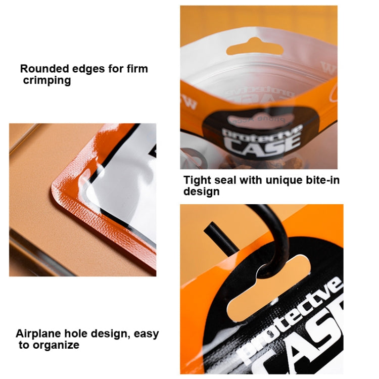 Protective case packaging bag closeups: tight seal, rounded crimp edges, air-hole design.