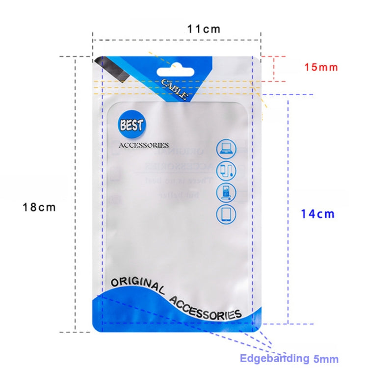 Blue accessories sealing pouch with size diagram, 11x18 cm and 5 mm edge banding