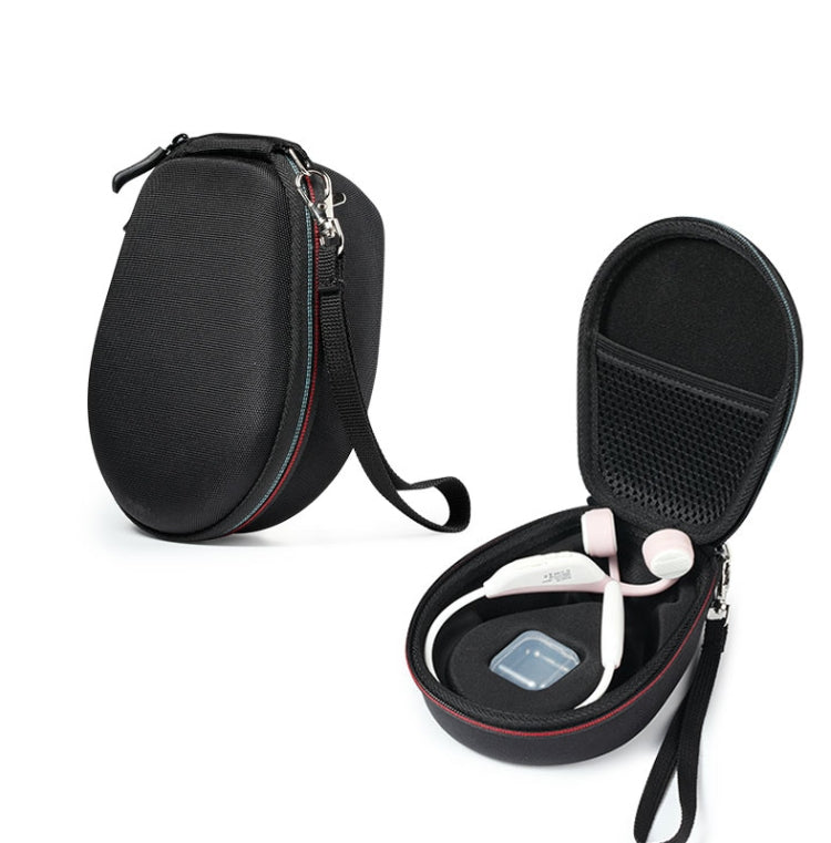Black zippered headphones storage case with strap, mesh pocket and molded interior