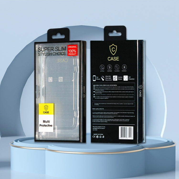 Phone case packaging set, clear-front sleeve and dark back box with hang tab