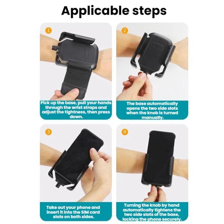 Black phone holder base with wrist/arm strap shown in four-step setup sequence