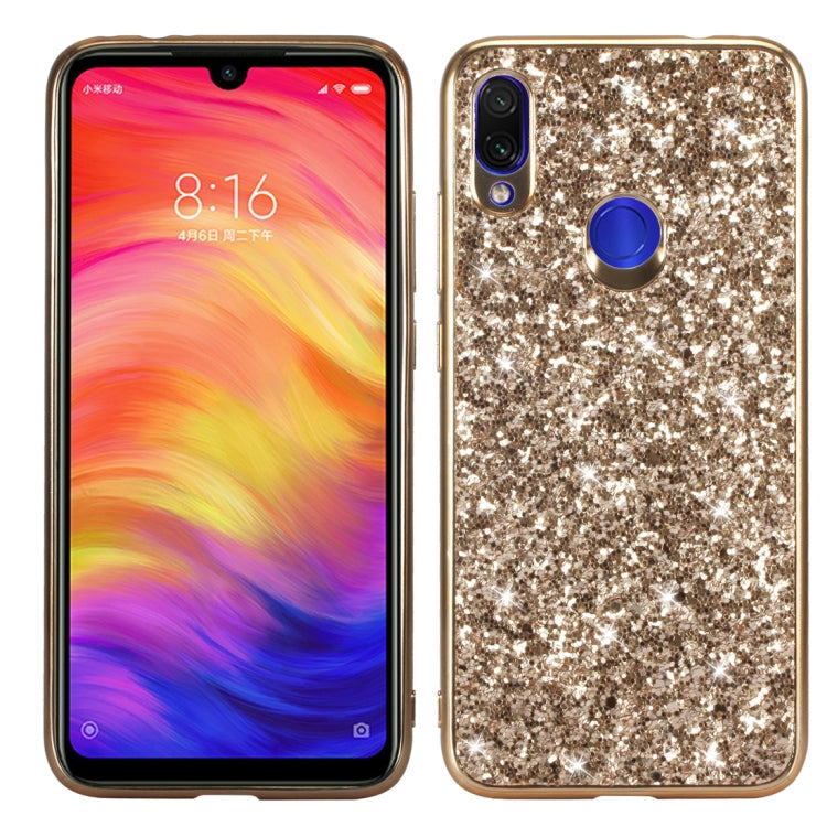 Gold glitter shockproof TPU phone case with camera cutout and ring grip.