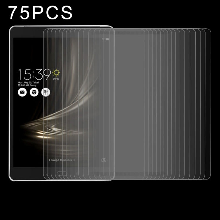 Clear tempered glass screen protector set, 75 pieces stacked on tablet screen