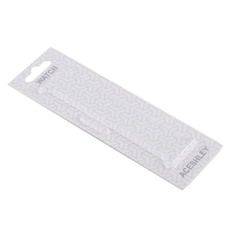 Light gray patterned smart watch band on card backing, with clasp end