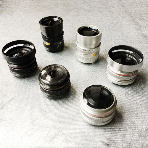 Set of six dummy DSLR lens models with textured metal barrel details