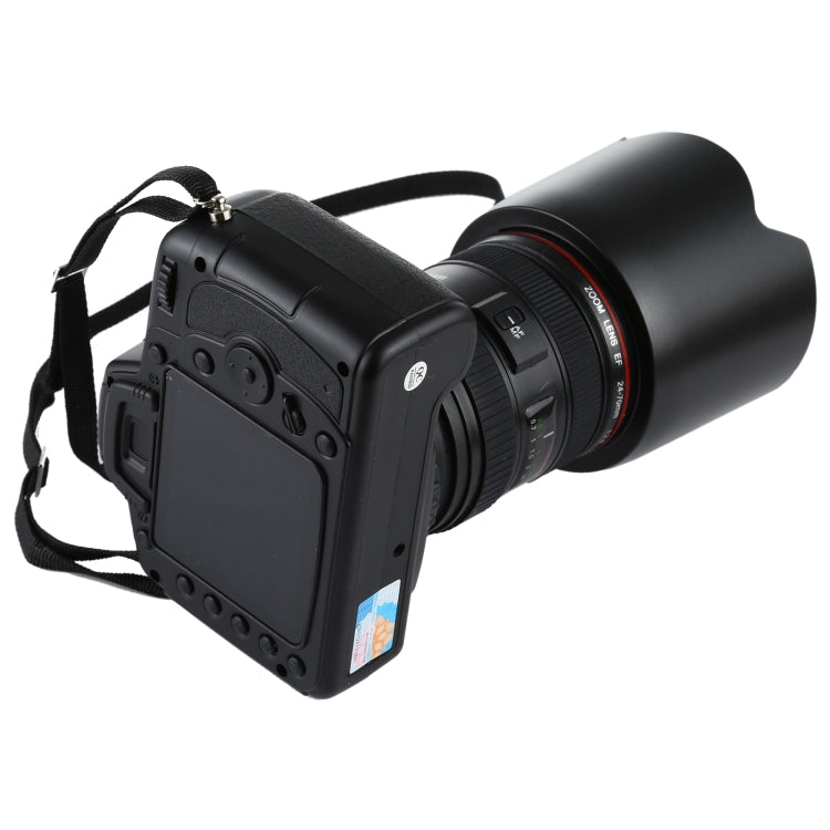 Black fake DSLR camera prop from side view with large lens hood.