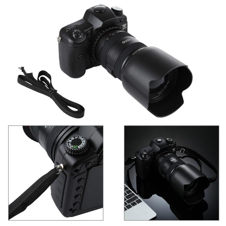 Black fake DSLR camera prop with lens and strap, plus close-up insets.