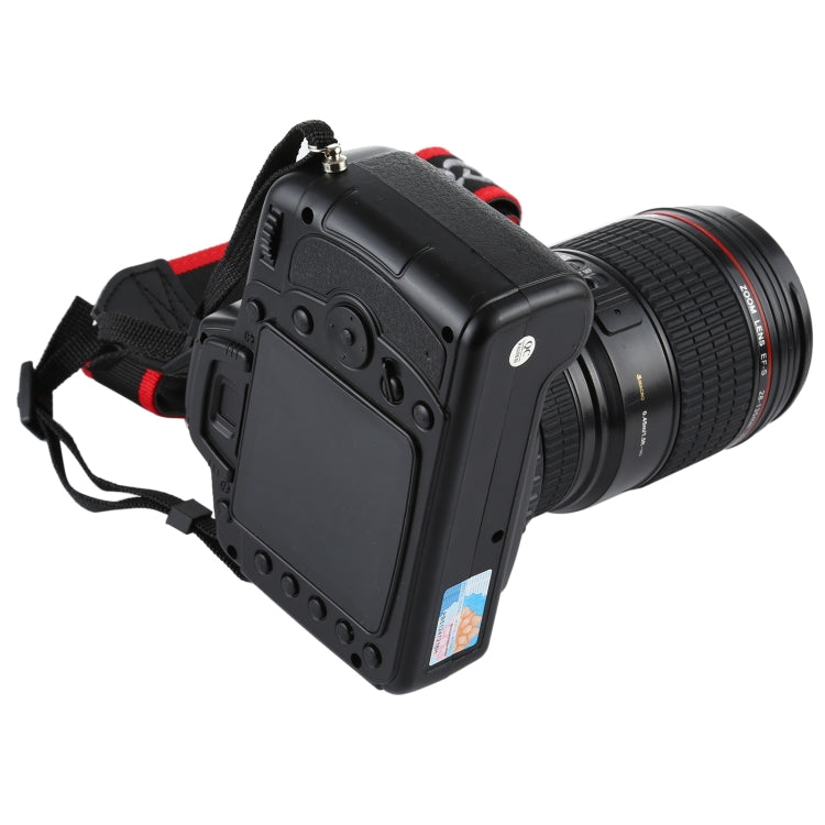Black DSLR camera prop from rear with textured lens and red shoulder strap