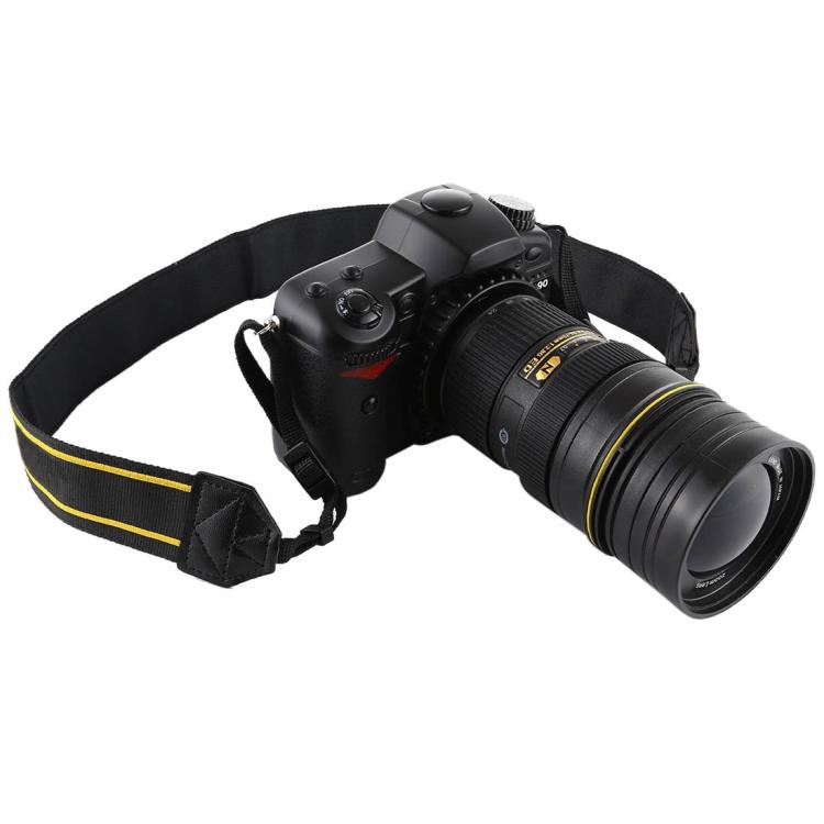 Black DSLR dummy camera with large lens and black-and-yellow strap