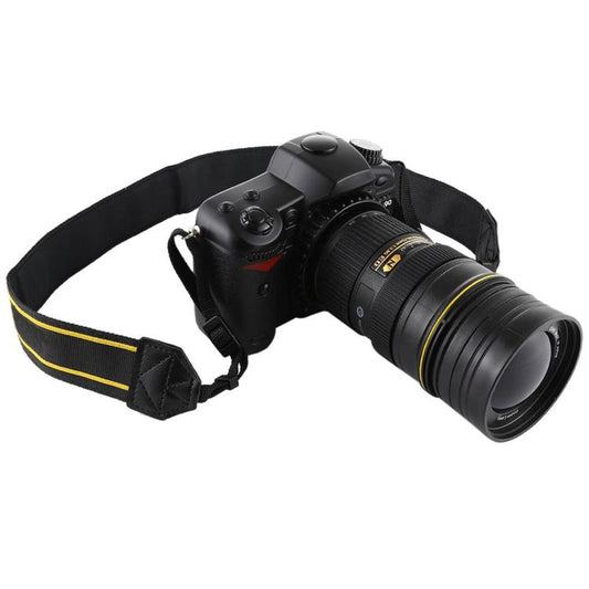 Black DSLR dummy camera with large lens and black-and-yellow strap