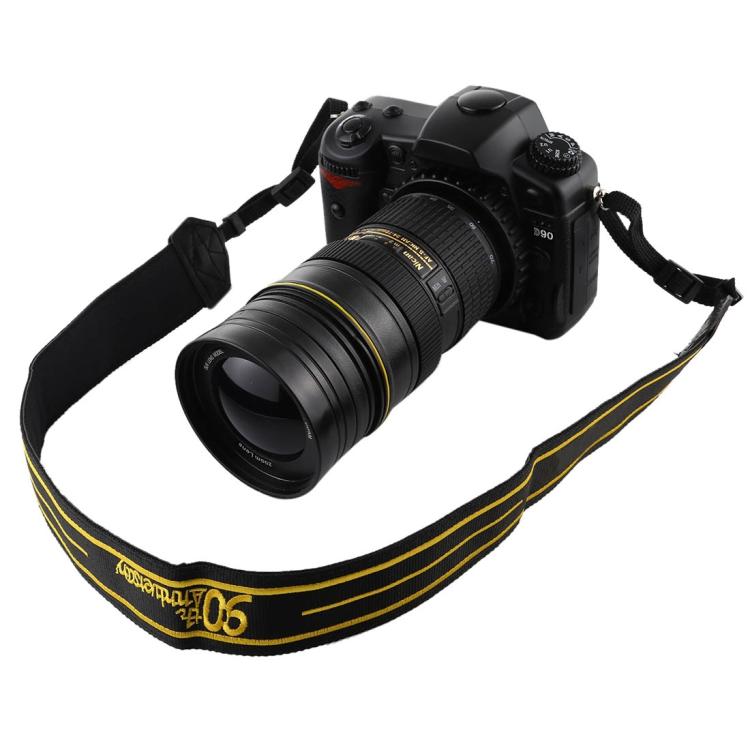 Black DSLR dummy camera prop with zoom lens and black strap with yellow trim