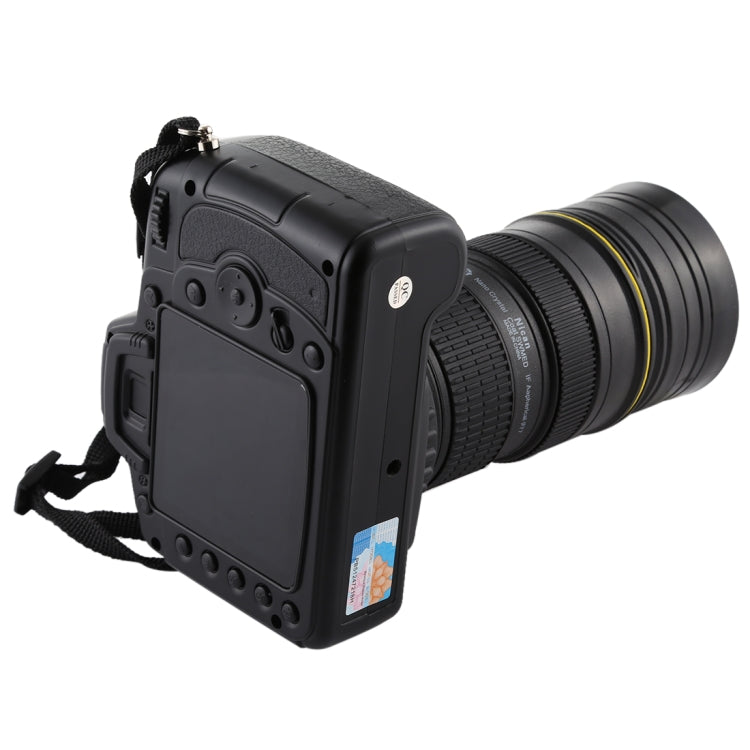 Side view of black DSLR dummy camera body with textured grip and attached lens