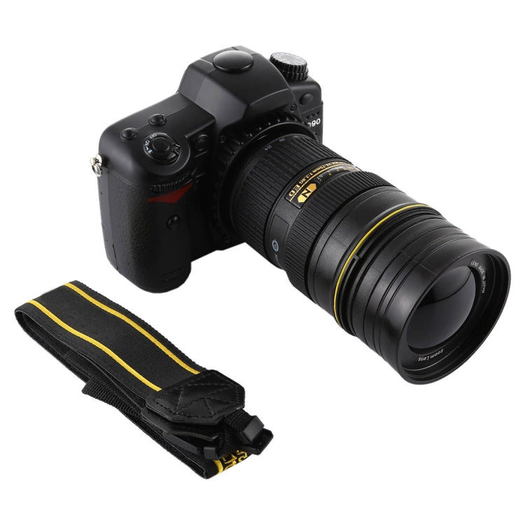 Black DSLR dummy camera with zoom lens and black-and-yellow strap