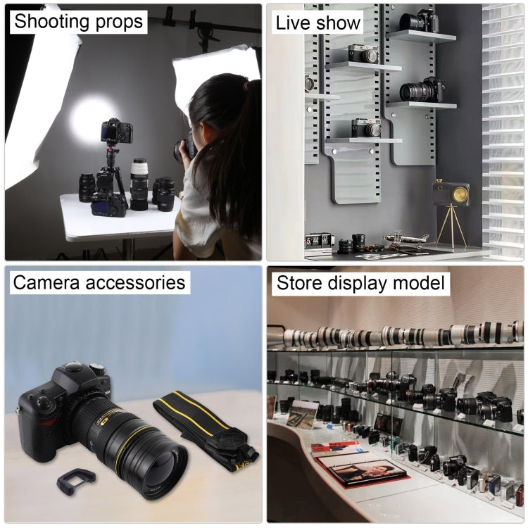 Black DSLR dummy camera prop with strap displayed with other photo studio props