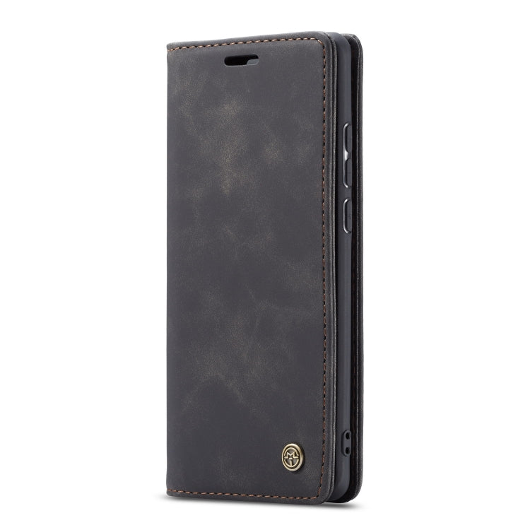 Dark gray leather wallet phone case front view with cutouts and stitched edges