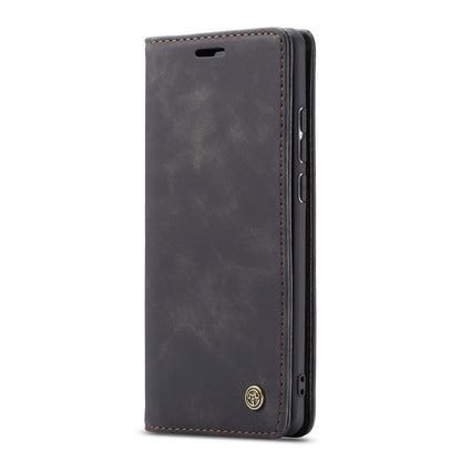 Dark gray leather wallet phone case front view with cutouts and stitched edges