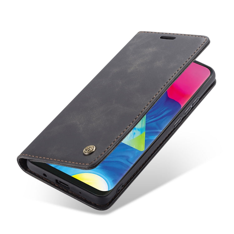 Dark gray leather wallet case with horizontal flip cover opened, phone screen visible