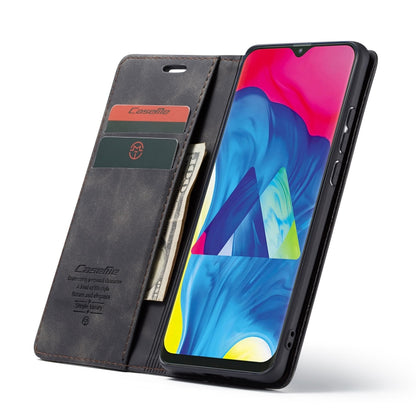 Dark gray leather wallet phone case with card slots and flip cover, phone screen visible