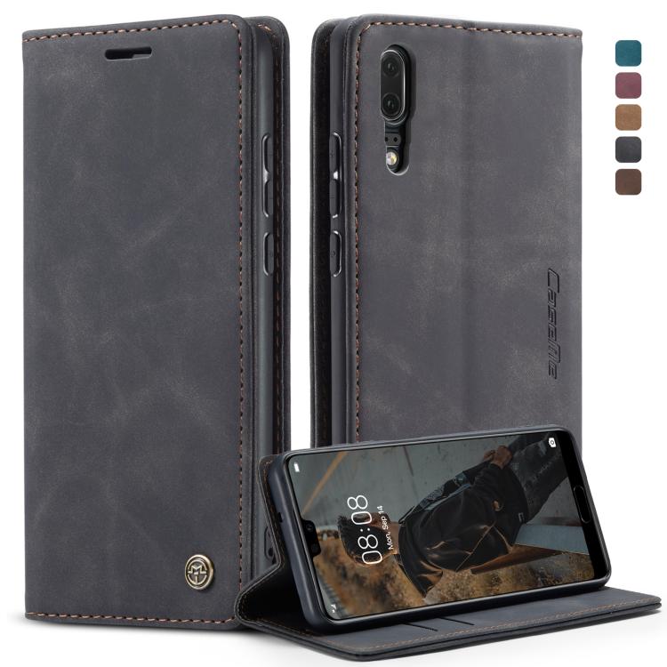 Dark gray leather wallet phone case in stand mode with camera cutout and stitching