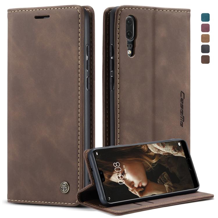 Brown leather wallet phone case, detachable flip with card slot and kickstand, side view