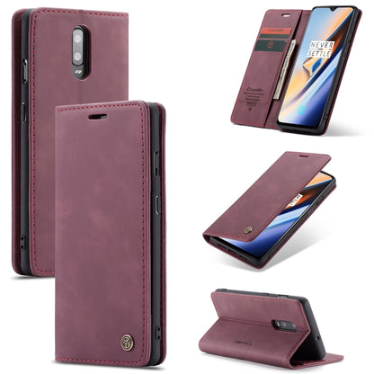 Wine red leather flip phone case showing front cover, card slot, and fold-out stand
