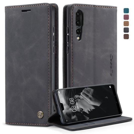 Dark gray leather flip wallet case with card slot and side stand for Huawei P20 Pro