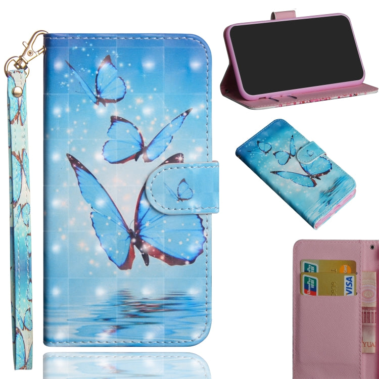 Blue butterfly print flip leather phone case with wrist strap, card slots, and stand