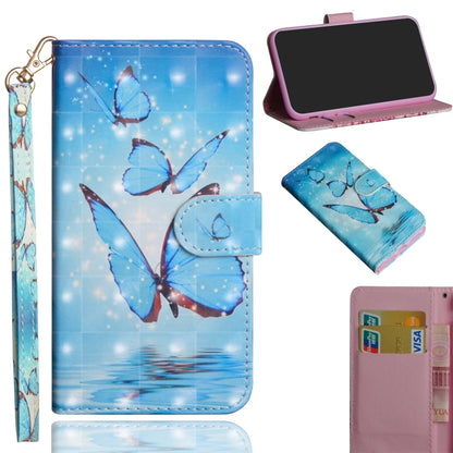 Blue butterfly print flip leather phone case with wrist strap, card slots, and stand