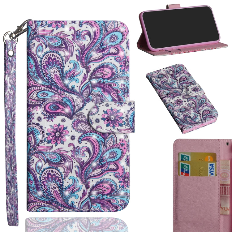 Purple paisley pattern flip leather phone case with wrist strap, card slots, and stand