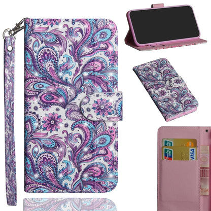 Purple paisley pattern flip leather phone case with wrist strap, card slots, and stand