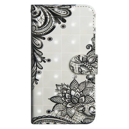 Phone wallet case with white mandala floral pattern and heart-shaped magnetic clasp