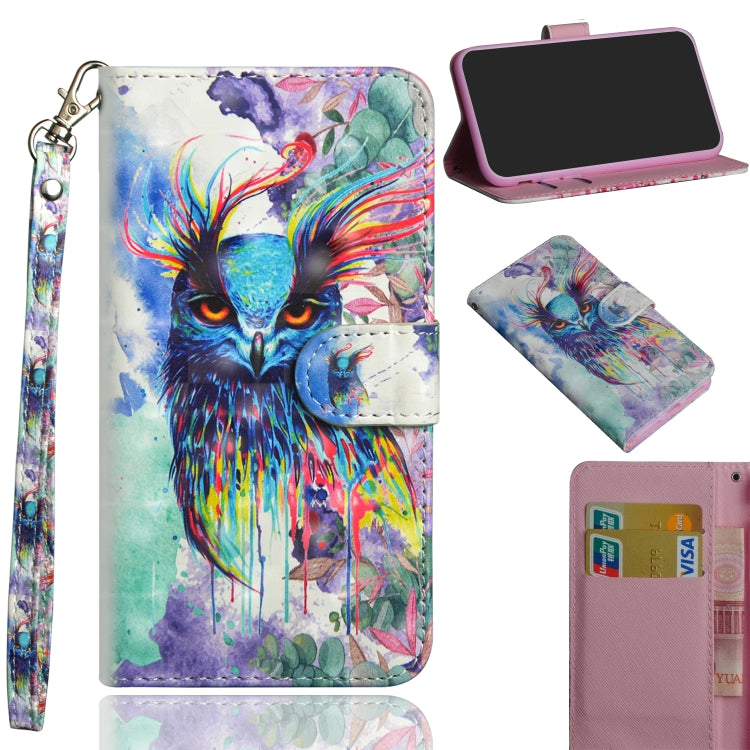 Colorful owl pattern flip phone wallet case with card slots, wrist strap, and kickstand cover