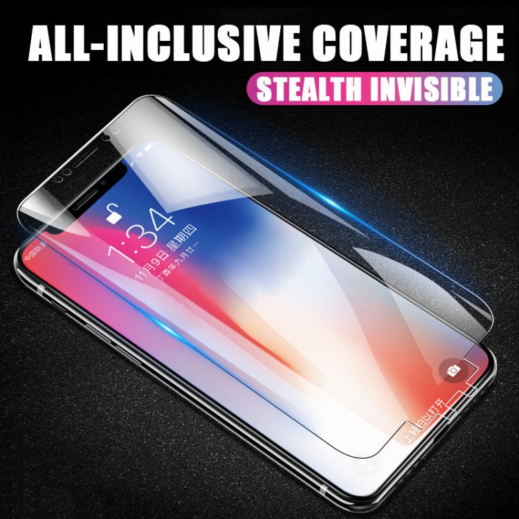 Clear hydrogel front screen protector film covering a smartphone front display