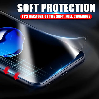Soft clear hydrogel screen protector film with curved fit over a smartphone front