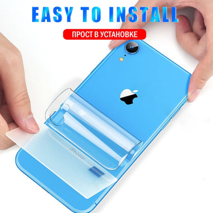 Hydrogel back protector film being installed on blue phone back