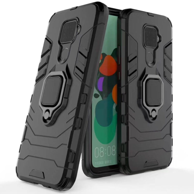 Black protective phone case with magnetic ring holder and rugged TPU armor